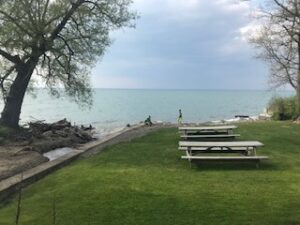 Picnic tables at lakeshore