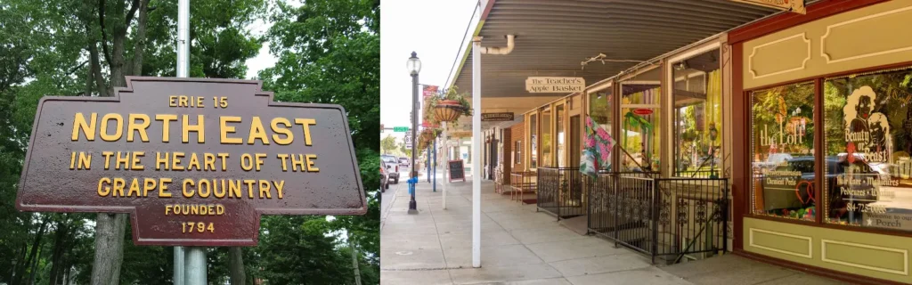 Downtown North East, PA includes a coffee shop, restaurants, wine tasting rooms, a spa, bakery, book store and park.
