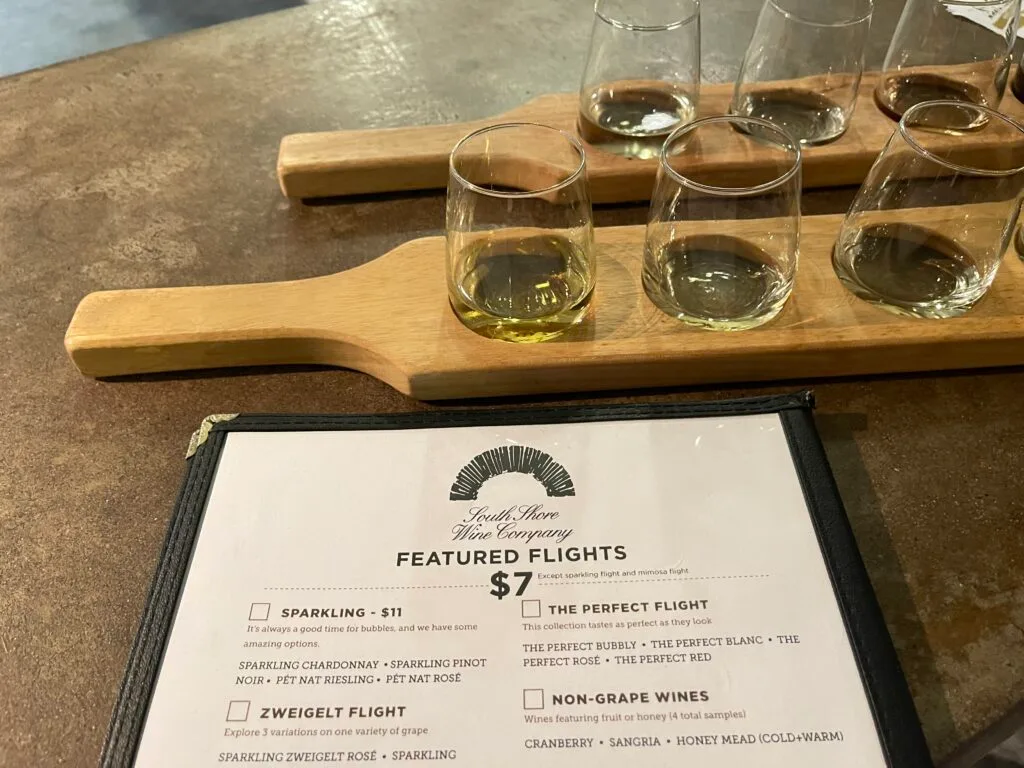 Two sets of wine tasting flights with a wine tasting menu from South Shore Wine Company in North East, Pennsylvania
